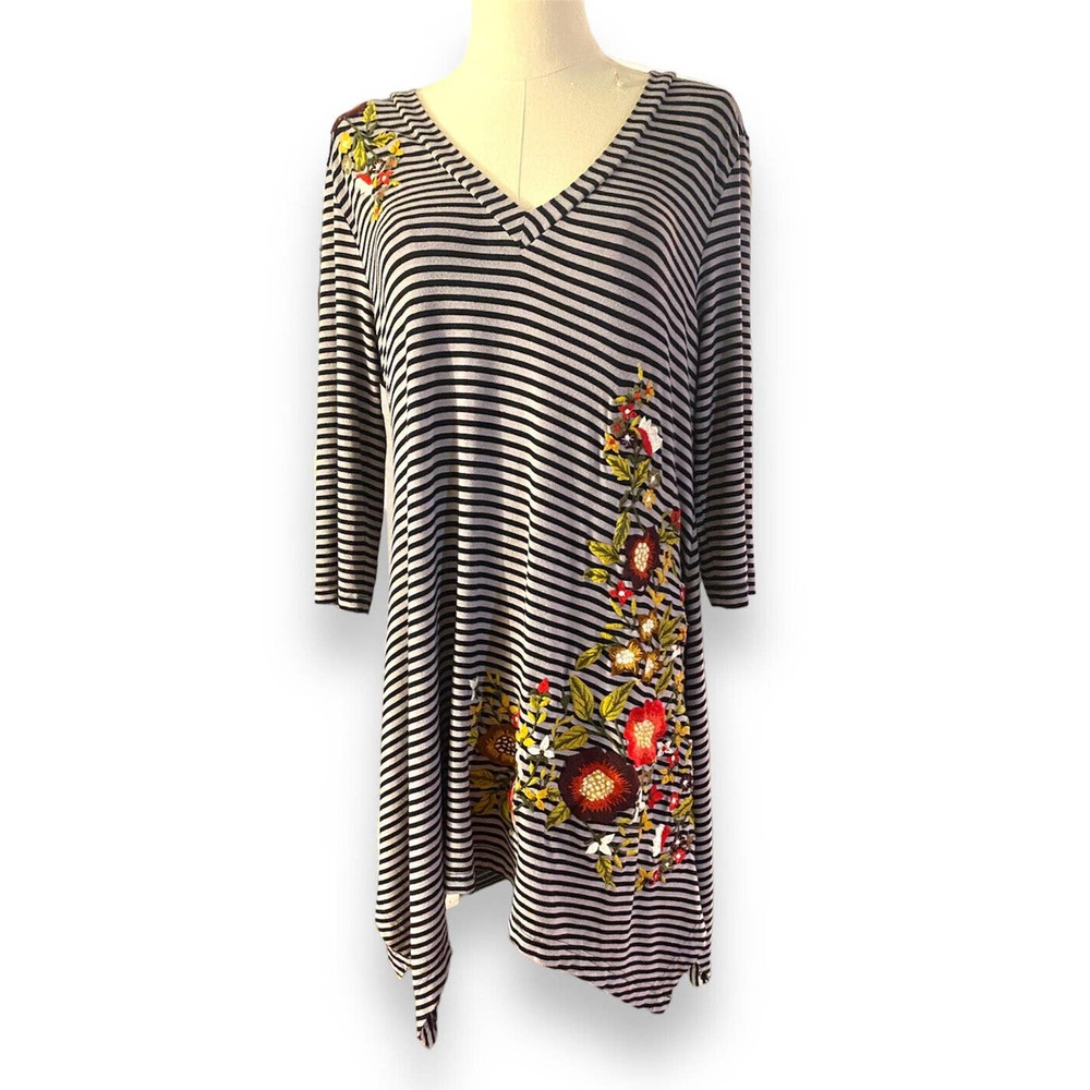 Soft Surroundings Embroidered Tunic Dress Sz Med Floral With Stripes Uneven Hem